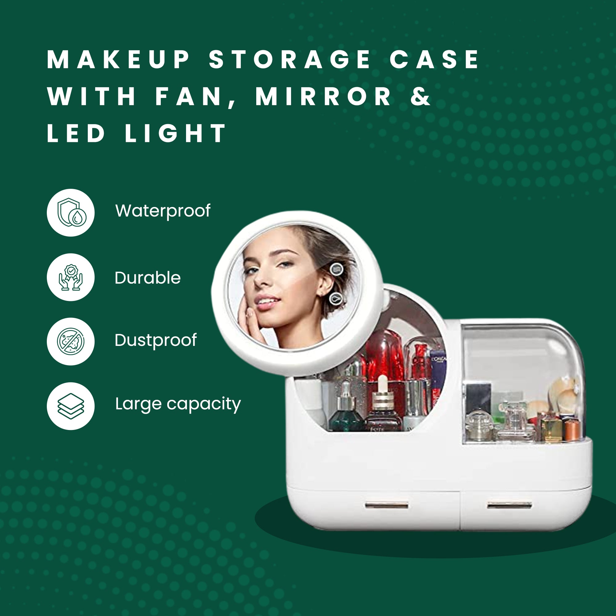 Premium Organiser with Fan, Mirror & Ring Light